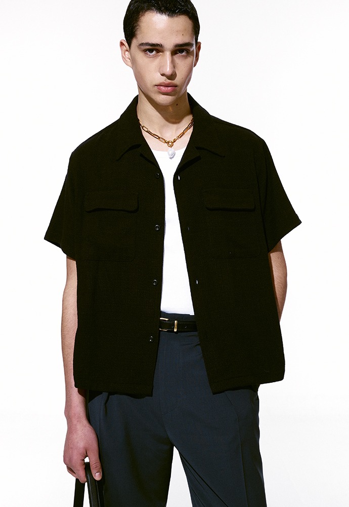 Linen Rayon Tweed Shirt_ Black